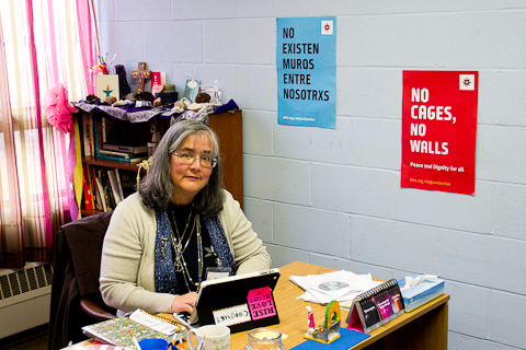 Aileen at her desk at UUCB